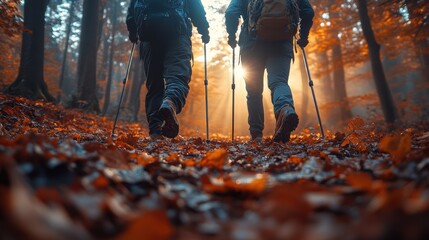 Hikers on autumn trail, sunbeams, forest floor