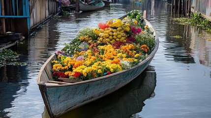 Obraz premium Colorful Flower Boat with Fresh Produce on Serene Waterway