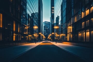 Obraz premium A quiet city street at night with modern glass buildings illuminated by streetlights casting sharp shadows