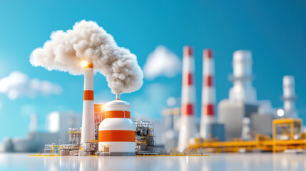A modern industrial complex with towering smokestacks emitting smoke against a clear blue sky, showcasing environmental impact.