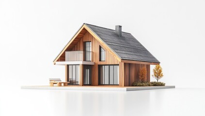 modern architectural marvel showcase, a minimalist wooden home with sharp gabled roof and autumnal tree