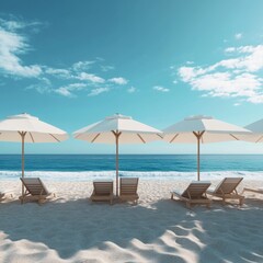 Fototapeta premium Beach chairs and umbrellas on sunny beach