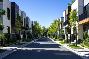 A quiet street lined with contemporary townhouses, featuring monochromatic exteriors and subtle architectural shadows