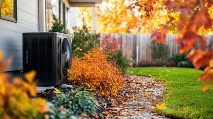 efficient home climate control a modern heat pump installation alongside a residence surrounded by vibrant fall foliage and landscape design