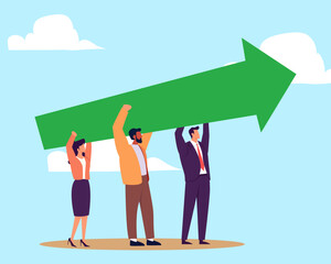 Teamwork cooperate together to achieve target, leadership to build team walking up rising growth arrow, career development concept