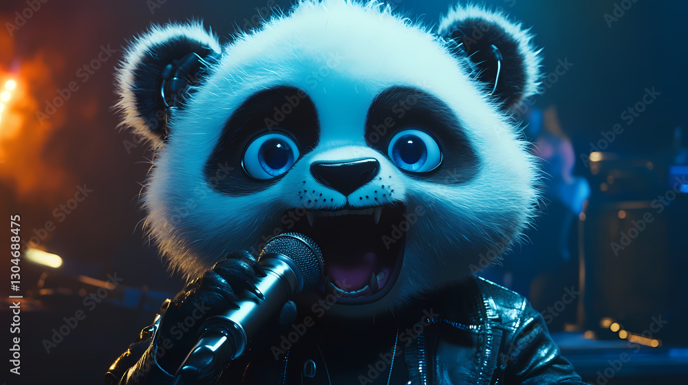 Poster panda character performs on stage with enthusiasm and energy. generative ai