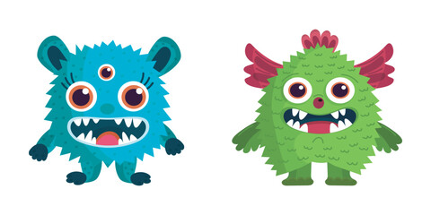 Funny and friendly monsters set. Colorful vector illustration of adorable cartoon fantasy creatures.