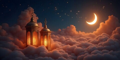 Fototapeta premium AI Generated Dreamy Night Sky with Illuminated Towers and Crescent Moon