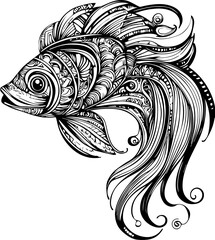 Fototapeta premium SVG vector features zentangle animal designs. Intricate Black and White Fish Illustration with Flowing Lines