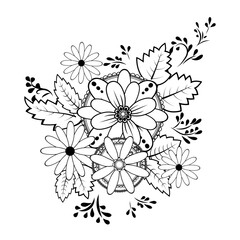 Intricate hand drawn black and white floral bouquet with decorative flowers, foliage and decorative details. Vector for coloring books, tattoo designs, patterns and botanical illustrations.