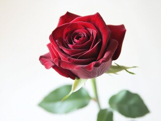 Naklejka premium Captivating close up of a vibrant red rose in full bloom against a soft white background showcasing its intricate petals and delicate stem