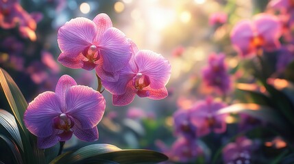 Pink orchids bask in golden sunlight, vibrant and serene.
