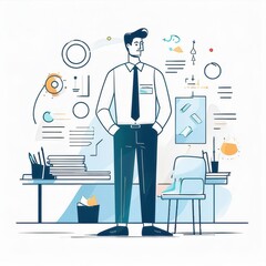 Manager overseeing project with simplified design elements in a Memphis-style workspace