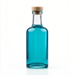 Teal Liquid in Glass Bottle with Cork Top Isolated on White Background Product Photography