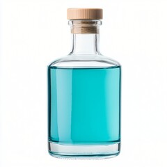 Clear Glass Bottle with Teal Liquid Wooden Cork Studio Shot Product Photography