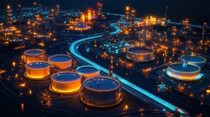 High-Resolution Industrial Landscape at Night Featuring Glowing Oil Tanks and Pipelines with Vibrant Illuminated Structures and a Futuristic City Vibe