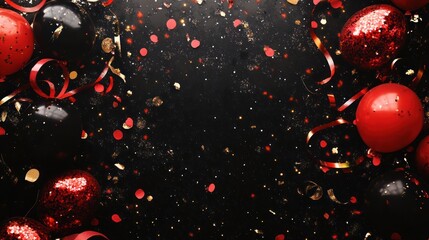 festive celebration background with shimmering red and black balloons and scattered golden confetti creating a luxurious party atmosphere