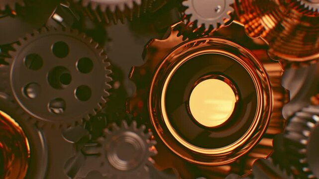 Close-up of interlocking gears moving in perfect sync. A macro shot highlights the intricate details of the mechanical system, symbolizing efficiency and precision.