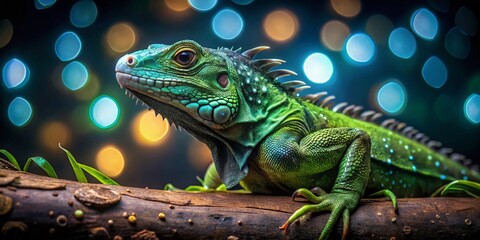 Obraz premium Night Iguana Bokeh, Tropical Reptile, Green Lizard, Reptile Photography, Wildlife Night Shot