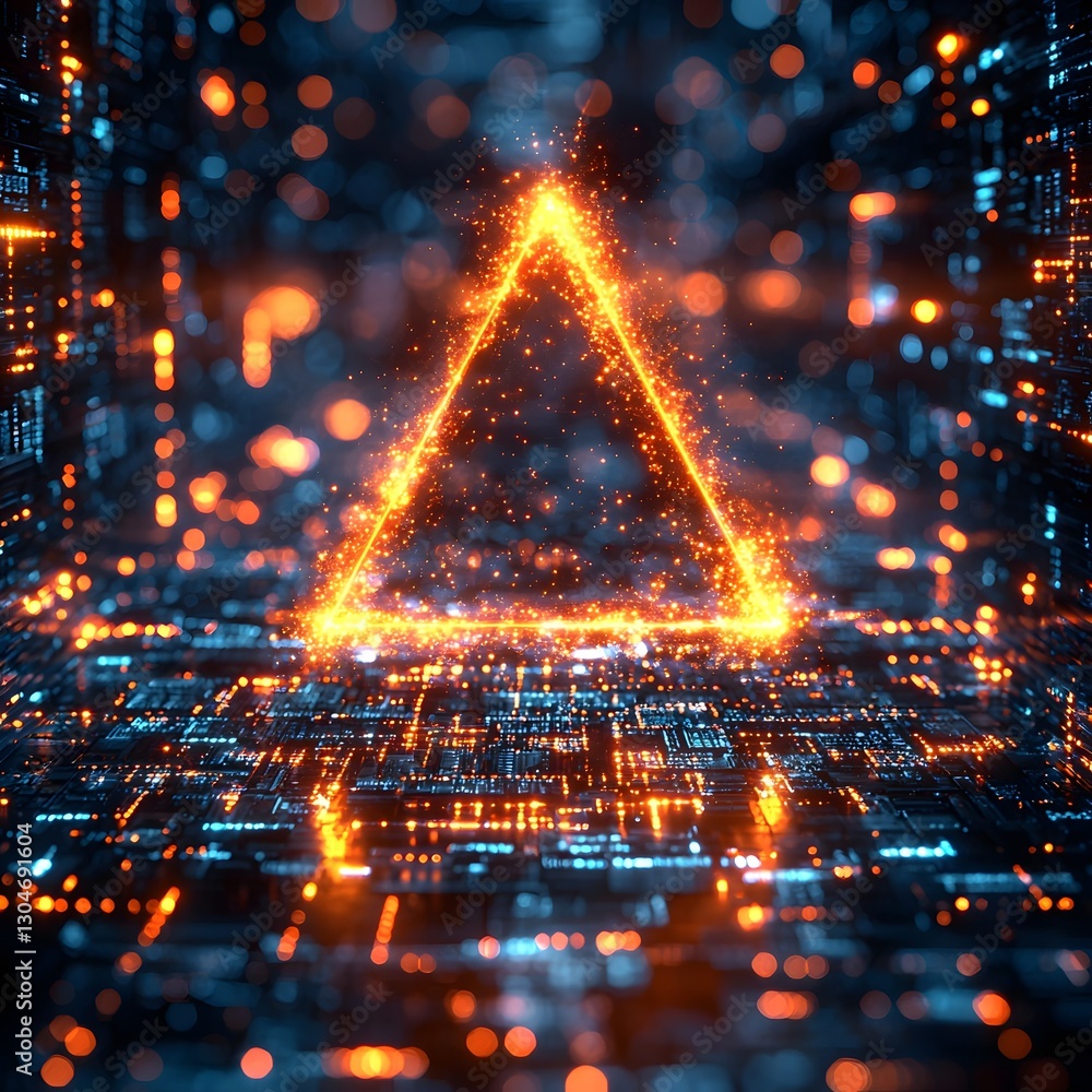 Poster glowing minimalist triangle with exclamation mark over blurred digital transaction log abstract