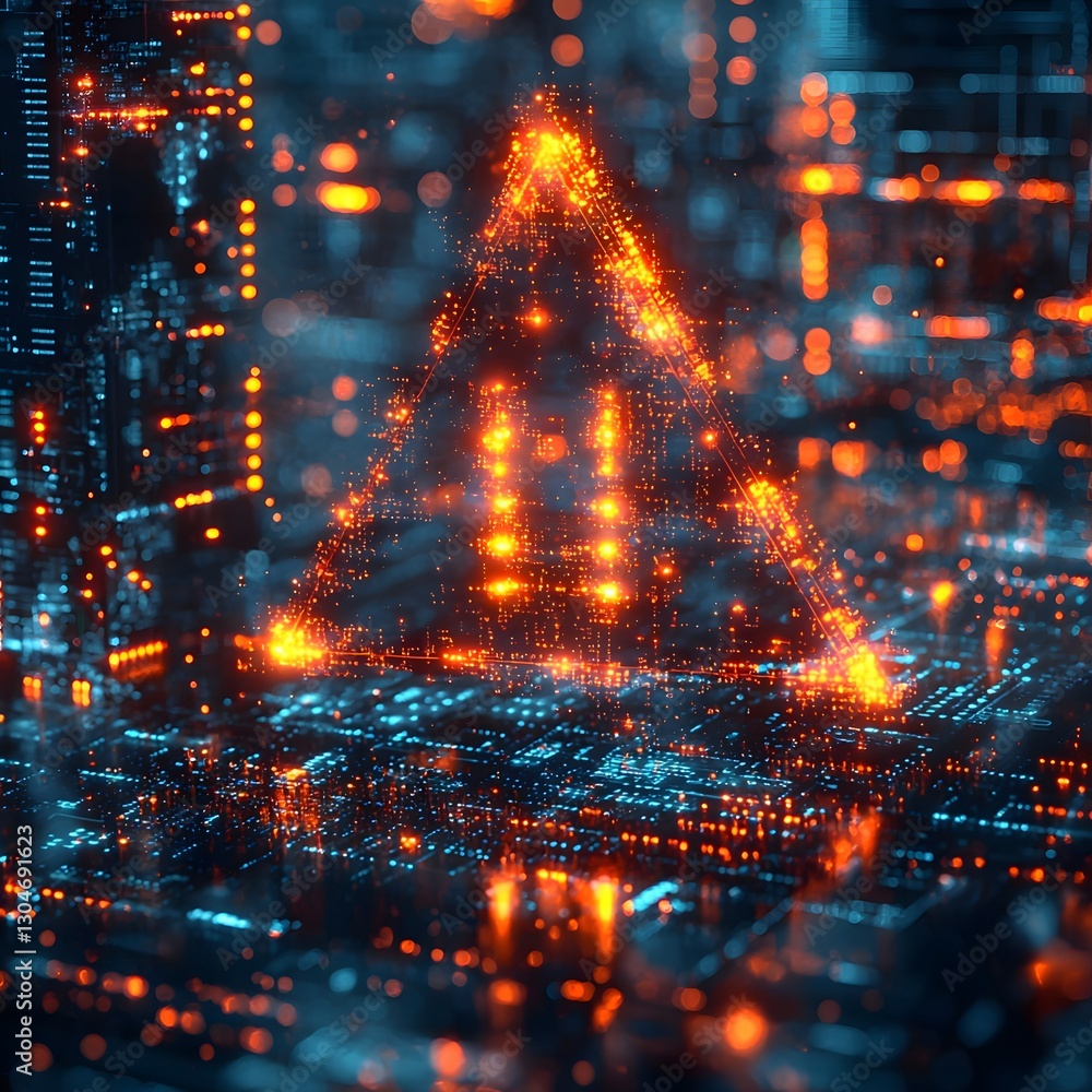 Poster glowing triangular alert detecting fraud in digital financial transactions