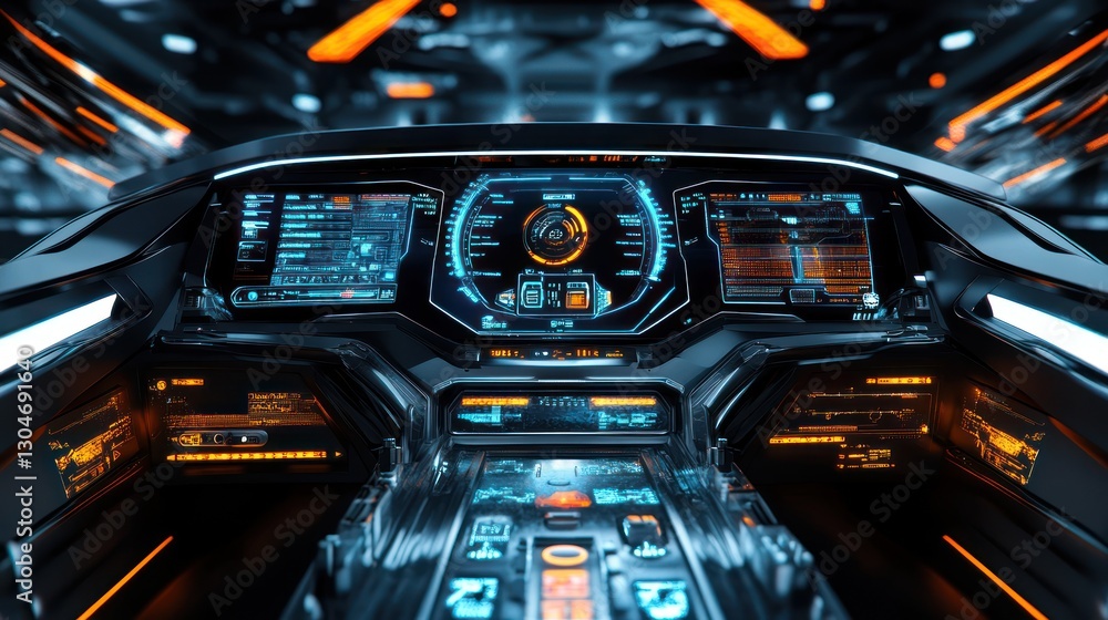 Poster futuristic cockpit dashboard with glowing screens showcasing complex data navigation controls and sc
