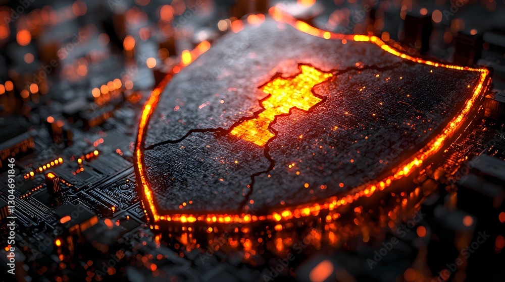 Poster glowing dynamic shield symbolizing detected fraud attempts against financial systems
