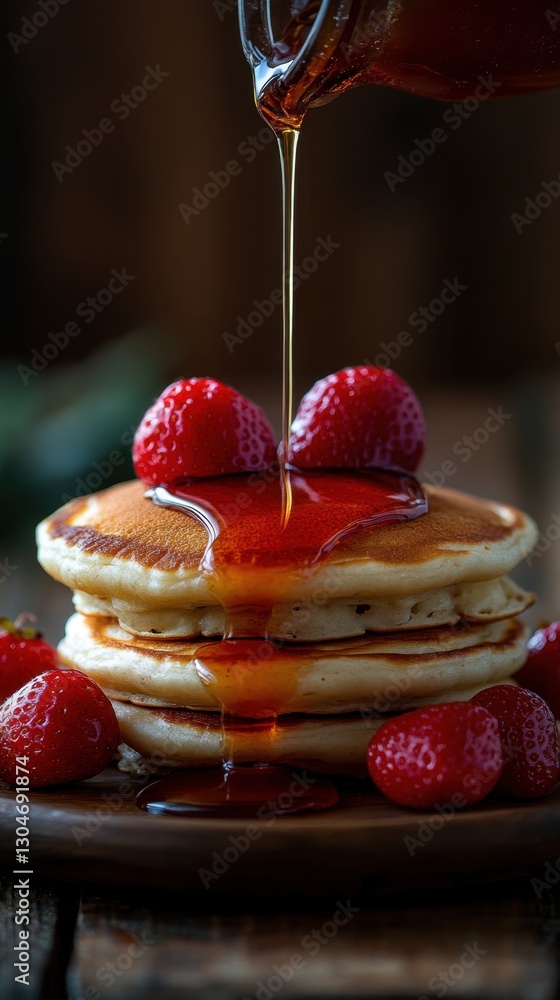 Poster golden syrup cascading onto a stack of fluffy pancakes adorned with fresh red strawberries creating 