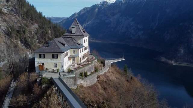 Aerial view of Hallstatt Skywalk and Hallst&auml;tter See Lake in March - Austria