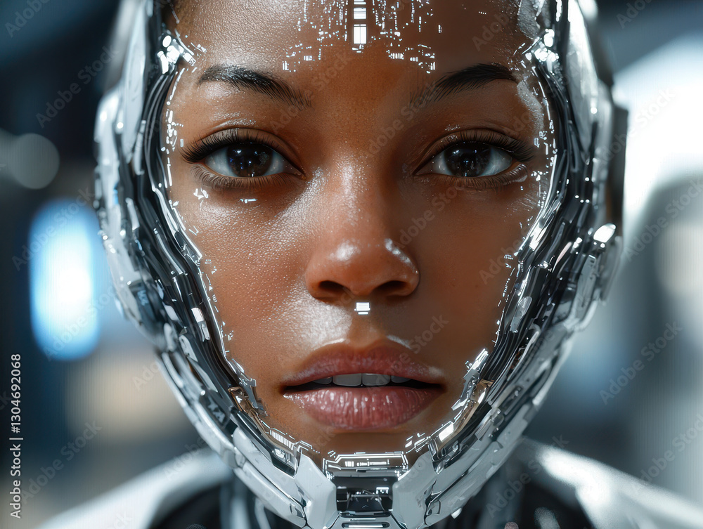 Poster hyper-advanced humanoid ai with nanotech skin in a futuristic lab setting