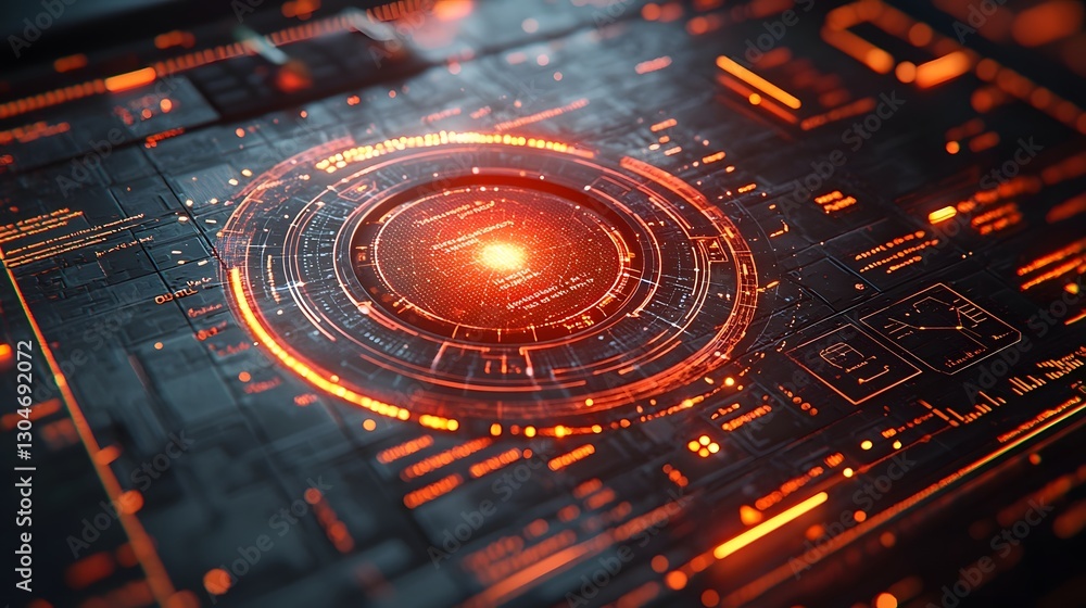 Poster glowing radar style interface scanning for fraud with pulsating red alert