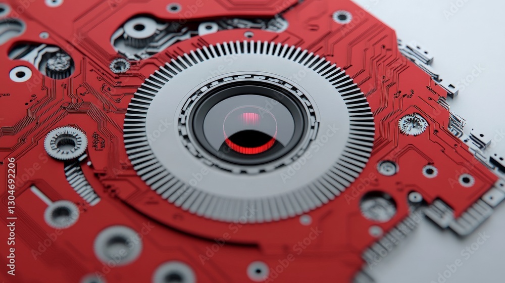 Poster red circuit board with central lens and intricate design elements