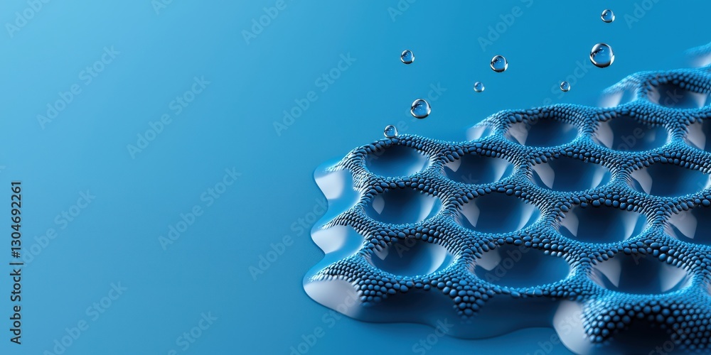 Poster material science nanomaterials concept. blue textured surface with water droplets on a smooth patter