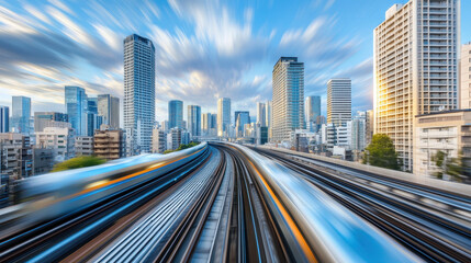 Fototapeta premium Hyper-modern cityscape showcasing maglev trains on elevated tracks in dynamic urban environment