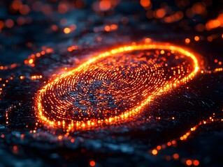 Glowing Digital Fingerprint Icon Flashing Red with Fraud Detection Data Streams
