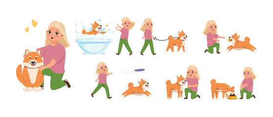 Girl with Shiba Inu illustrations collection. Blond girl taking care of a dog and playing with it. Friendship between people and animals