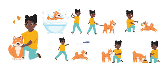 Happy black girl and her Shiba Inu dog having some nice time together