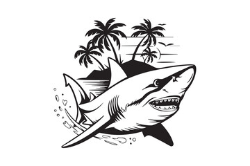 Shark Surfing with Palm Trees and Ocean Waves Design VECTOR