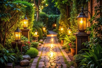 Night Photography: Elegant Decorative Lanterns Illuminating a Dark Garden Path