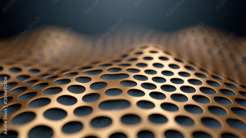 Poster material science nanomaterials concept. textured metal surface with circular perforations and a wavy