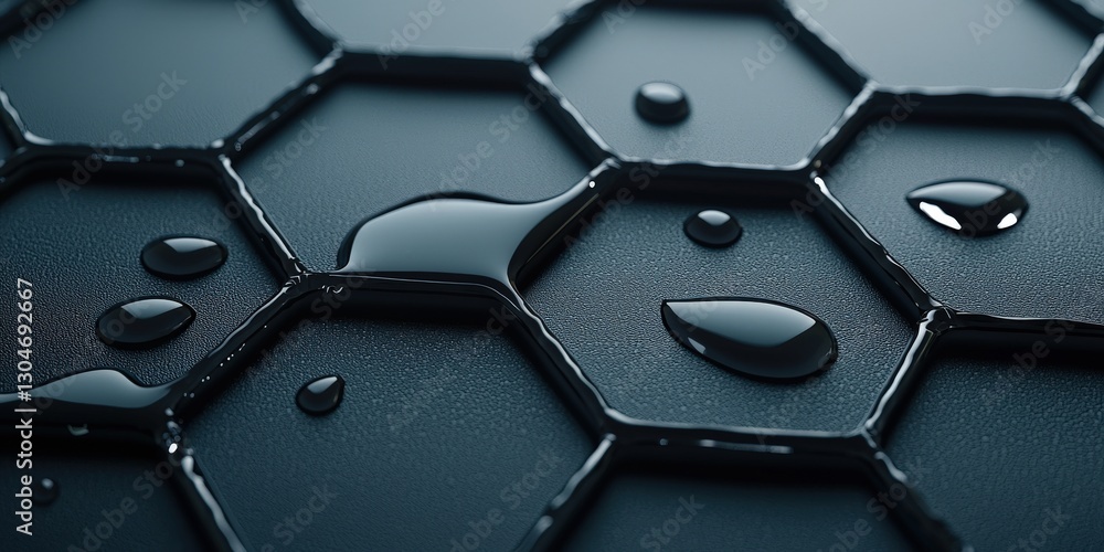 Aufkleber material science nanomaterials concept. close-up of hexagonal surface with water droplets reflecting