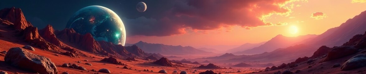 Two alien worlds with unique terrains and atmospheres, sci-fi, planet