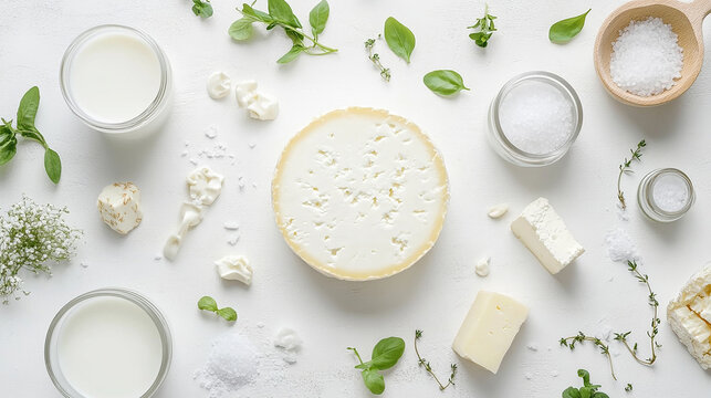 Cheese wheel in the center with milk, salt, and rennet