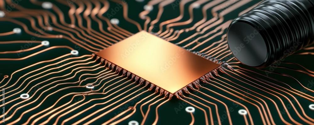 Poster material science nanomaterials concept. close-up of a circuit board with a golden chip and metallic 