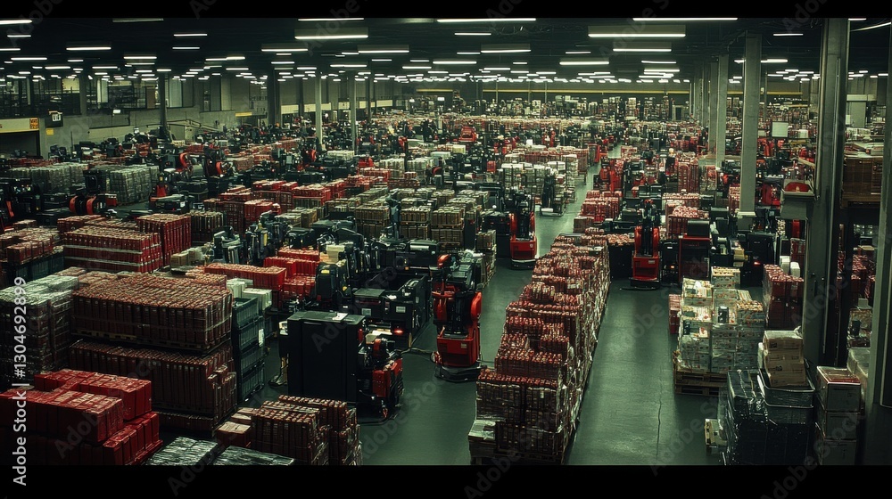 Poster high-tech warehouse featuring automated robots efficiently sorting and moving goods in a modern dist