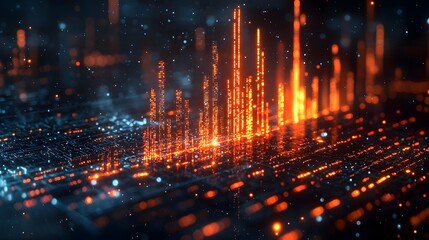 Naklejka premium Vibrant Holographic Sentiment Analysis Graph with Glowing Bar Charts Displaying Emotional Trends Over Time