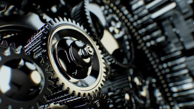 Rotating gears in a complex mechanism. A macro view reveals different shapes, sizes, and materials working together in a well-coordinated structure.