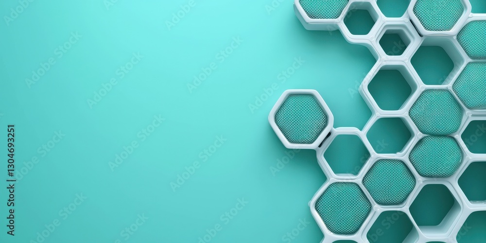 Poster material science nanomaterials concept. geometric hexagonal pattern in teal and white background.