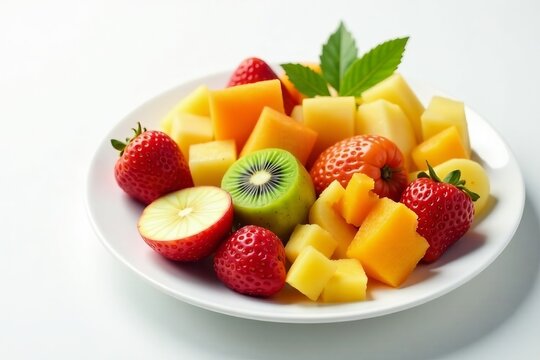 Vibrant and fresh plate of assorted tropical fruits on a white background, colorful, pineapple - Powered by Adobe