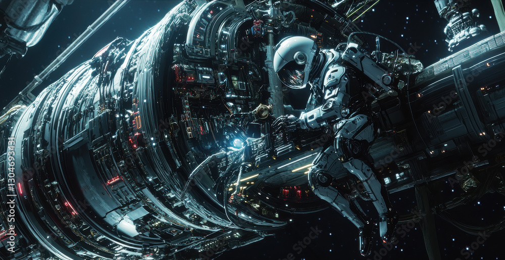 Poster futuristic space station with astronaut in advanced suit working in deep space environment with star